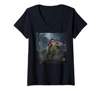 Womens Funny Cat Riding a T-Rex Cute Halloween Meme V-Neck T-Shirt