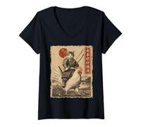 Women's Funny Cat Riding Chicken Japanese Ukiyo-e Art Samurai Cat V-Neck T-Shirt