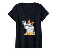 Womens Funny Cat Salting Fries Cartoon V-Neck T-Shirt