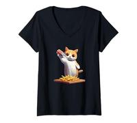 Womens Funny Cat Salting Fries Cartoon V-Neck T-Shirt