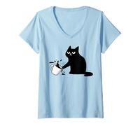 Womens Funny Cat Sarcastic Mood Blasée Knocks Down Mug Coffee V-Neck T-Shirt