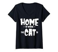 Women's Funny Cat Saying - Cute Cat Lover - Home is Where The Cat is V-Neck T-Shirt