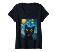 Womens Funny Cat Selfie Alien UFO The Starry Night Cats Lover Cute V-Neck T-Shirt