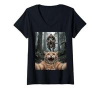 Women's Funny Cat Selfie Bigfoot Riding T Rex Forest Chase V-Neck T-Shirt