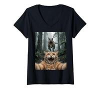 Women's Funny Cat Selfie Carnotaurus Forest Chase V-Neck T-Shirt