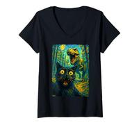 Womens Funny Cat Selfie T-rex Dinosaur The Starry Night Cats Lover V-Neck T-Shirt