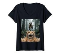 Women's Funny Cat Selfie T Rex Forest Chase Scene V-Neck T-Shirt