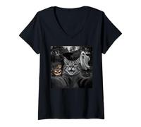 Womens Funny Cat Selfie with a Witch & Ghost Scary Halloween V-Neck T-Shirt