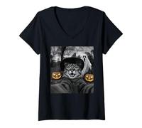 Womens Funny Cat Selfie with a Witch & Ghost Scary Halloween V-Neck T-Shirt