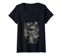 Womens Funny Cat Selfie With Alien UFO San Francisco 4th Of July V-Neck T-Shirt