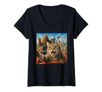 Womens Funny Cat Selfie with Big Foot & Alien Roller Coaster Meme V-Neck T-Shirt