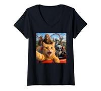Womens Funny Cat Selfie with Big Foot & Alien Roller Coaster Meme V-Neck T-Shirt