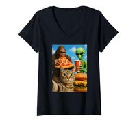 Womens Funny Cat Selfie with Bigfoot, Alien Eating Pizza & Burgers V-Neck T-Shirt