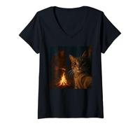 Womens Funny Cat Selfie with Bigfoot Meme Camping V-Neck T-Shirt
