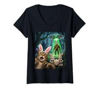 Women's Funny Cat Selfie with Easter Bunny Bigfoot UFO for Men Women V-Neck T-Shirt
