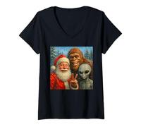 Womens Funny Cat Selfie with Santa Claus & Bigfoot Meme V-Neck T-Shirt