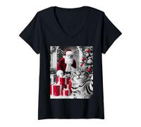 Womens Funny Cat Selfie with Santa Claus Christmas Meme V-Neck T-Shirt