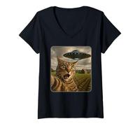 Womens Funny Cat Selfie with UFO Alien Meme V-Neck T-Shirt