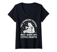 Women's Funny Cat Sewing Horrors Persist Crafter V-Neck T-Shirt