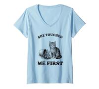 Womens Funny Cat She Touched Me First Plant Cats Kitten Cat Lover V-Neck T-Shirt