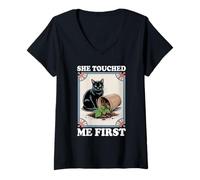 Womens Funny Cat She Touched Me First Plant Cats Kitten Cat Lover V-Neck T-Shirt
