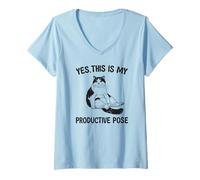 Womens Funny Cat Shirt "Yes This Is My Productive Pose" Lazy Humor V-Neck T-Shirt