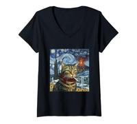 Womens Funny Cat Smoking Cigarette Meme Van Gogh Art Vulcano V-Neck T-Shirt