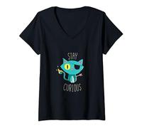 Womens Funny Cat: Stay Curious - Official DinoMike Design V-Neck T-Shirt