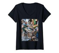 Womens Funny Cat Stealing Fish at The Market Catlover Fun V-Neck T-Shirt