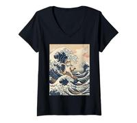 Women's Funny Cat Surfing The Great Wave Japanese Ukiyo-e Art V-Neck T-Shirt