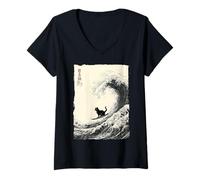 Womens Funny Cat Surfing The Great Wave Japanese Ukiyo-e Art V-Neck T-Shirt