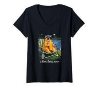 Women's Funny Cat Tennis I Live Here Now V-Neck T-Shirt
