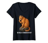 Womens Funny Cat The Thinker Orange Cat Tabby Cat World Domination? V-Neck T-Shirt