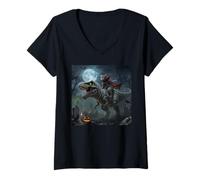 Womens Funny Cat Vampire Riding a T-Rex Cute Halloween Meme V-Neck T-Shirt