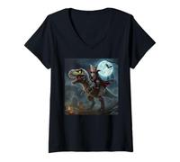 Womens Funny Cat Vampire Riding a T-Rex Cute Halloween Meme V-Neck T-Shirt