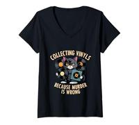 Womens Funny Cat Vinyl Collector Collecting Vinyls Murder Is Wrong V-Neck T-Shirt