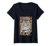 Women's Funny Cat Whiskers Whiskey Lover Neat Bourbon Drinker Gift V-Neck T-Shirt