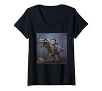 Womens Funny Cat Witch Riding a T-Rex Cute Halloween Meme V-Neck T-Shirt