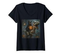 Womens Funny Cat Witch Riding a T-Rex Cute Halloween Meme V-Neck T-Shirt