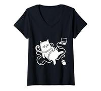 Women's Funny Cat Work from Home Humor Remote Job Animal Graphic V-Neck T-Shirt
