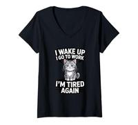 Women's Funny Cat Work Meme I Wake Up I Go to Work I'm Tired Again V-Neck T-Shirt
