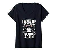 Women's Funny Cat Work Meme I Wake Up I Go to Work I'm Tired Again V-Neck T-Shirt