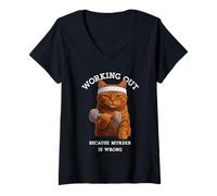 Women's Funny Cat Working Out Murder is Wrong Gym Humor V-Neck T-Shirt