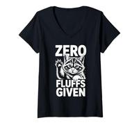 Womens Funny Cat Zero Fluffs Given Sayings Sarcastic Cat Lover V-Neck T-Shirt