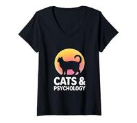 Women's Funny Cats and Psychology Silhouette Moon Lover V-Neck T-Shirt