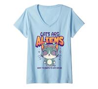 Women's Funny Cats are Aliens Cat Lover Conspiracy UFO Alien Humor V-Neck T-Shirt
