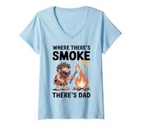 Womens Funny Caveman Campfire Where There’s Smoke There’s Dad V-Neck T-Shirt
