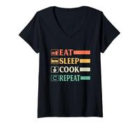 Womens Funny Chef Head Chef Baker Chef Eat Sleep Cook Repeat V-Neck T-Shirt