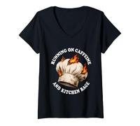 Women's Funny Chef Running On Caffeine Kitchen Rage Hat Fire Humor V-Neck T-Shirt