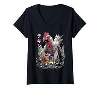 Womens Funny Chicken Farm Farmer Kaiju Monster Japanese V-Neck T-Shirt